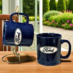 FORD Coffee Mugs Cups Blue Embossed Advertising Kiln Craft Staffordshire England